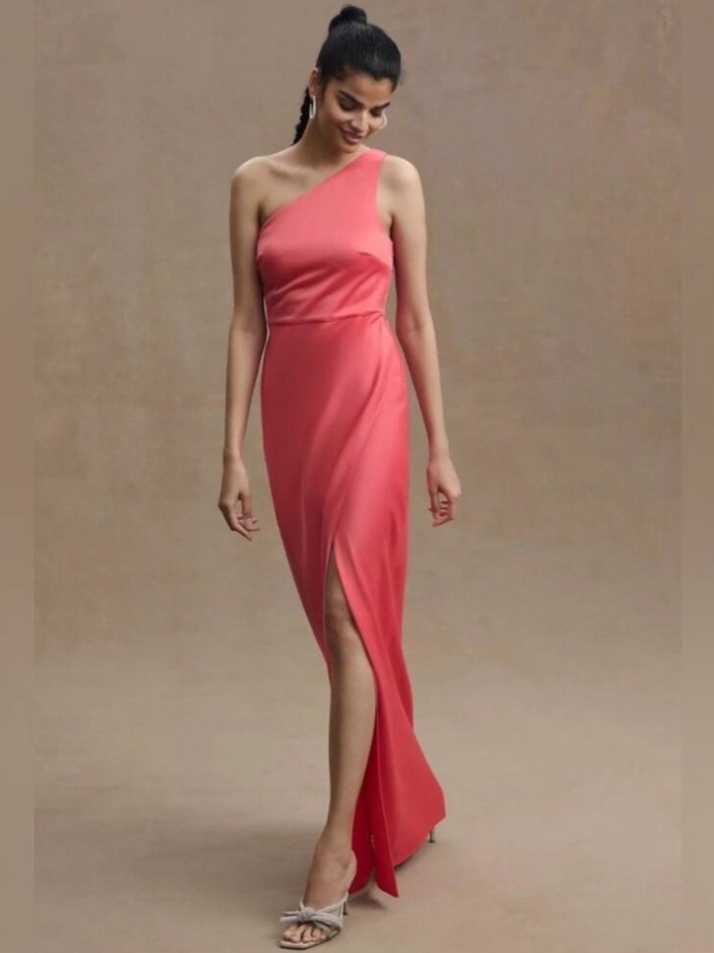 BHLDN Anthropologie One-Shoulder Coral Gown with Front Slit